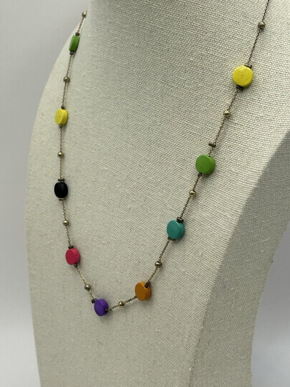 Vintage Colorful Painted Metal Bead Necklace Gold Tone Chain Boho Mod Retro Fun - Picture 11 of 16